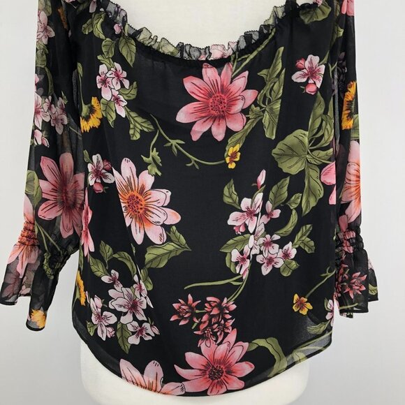 Guess Savina Floral Black coral chiffon off shoulder blouse SP - Picture 12 of 16